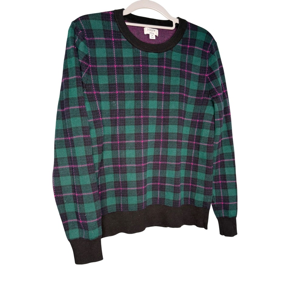 J.crew Tartan Plaid Teddie sweater in green and pink checkered crewneck